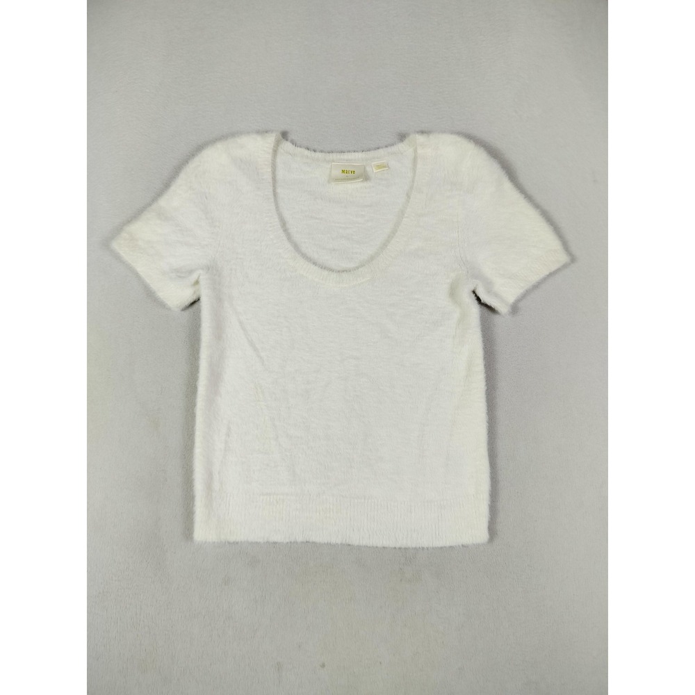 Maeve Anthropologie Sweater Womens Small White Fuzzy Scoop Neck Short Sleeve